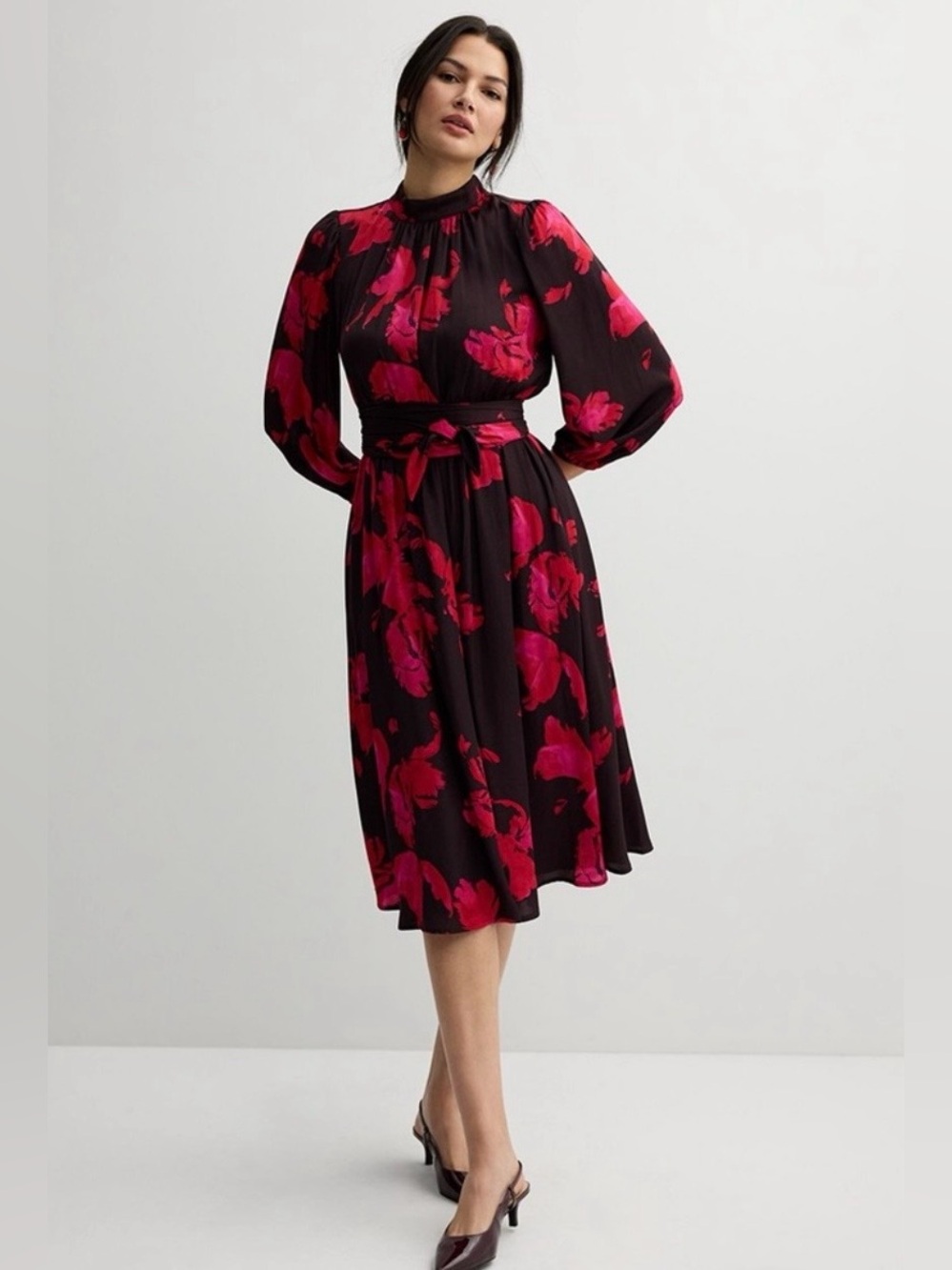 NWT Nine West Floral Midi Dress with Balloon sleeve, high neck size Medium
